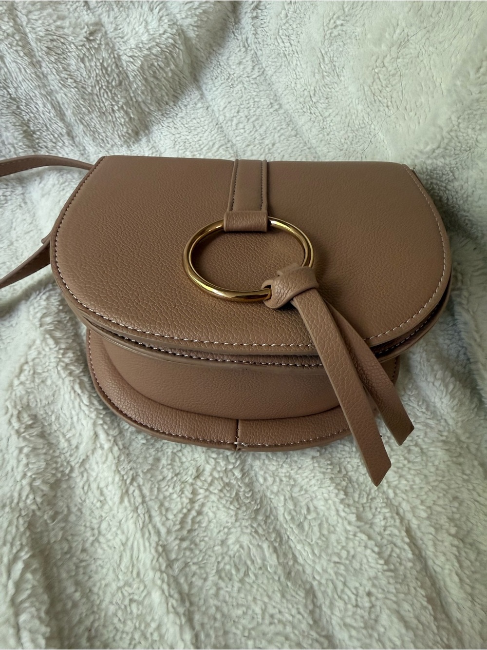 Classic Taupe Crossbody Saddle Bag with Gold Ring